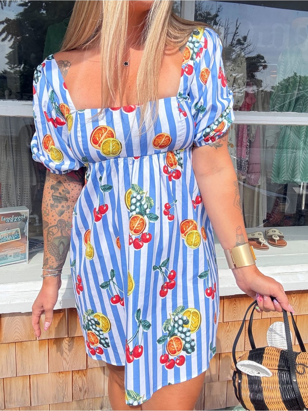 Show Me Your Mumu Fruit Stripe Puff Sleeve Mini Dress M NWT
